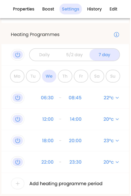 Heating program settings interface with time slots and temperature controls. for landlord thermostat timeostat