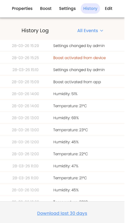 History log screen with timestamped entries on a device interface for landlord thermostat app