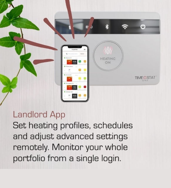 Smart thermostat with smartphone app interface on a light background. Timeostat landlord app - set heating times, adjust settings remotely and monitor your investment portfolio from a single login