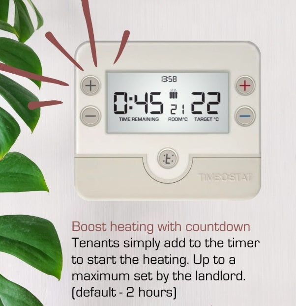 Timeostat classic HMO landlord thermostat boost countdown button - tenants simply add time to the timer to start the heating. Up to a maximum set by the landlord.