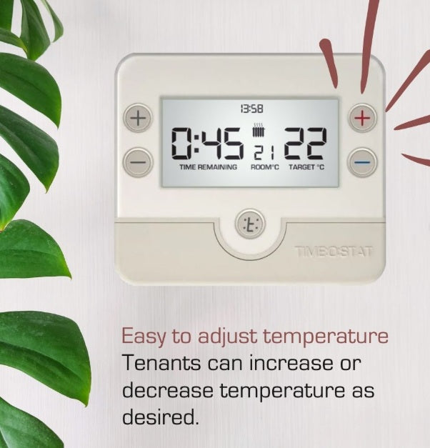 Timeostat classic HMO landlord thermostat boost temperature button - Easy to adjust temperature, tenants can increase or decrease temperature as desired.