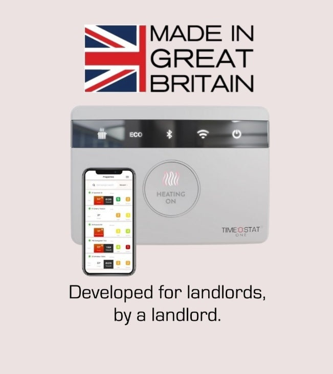 Smart thermostat with smartphone app and 'Made in Great Britain' text on a light background. Timeostat ONE - developed for landlords by a landlord.