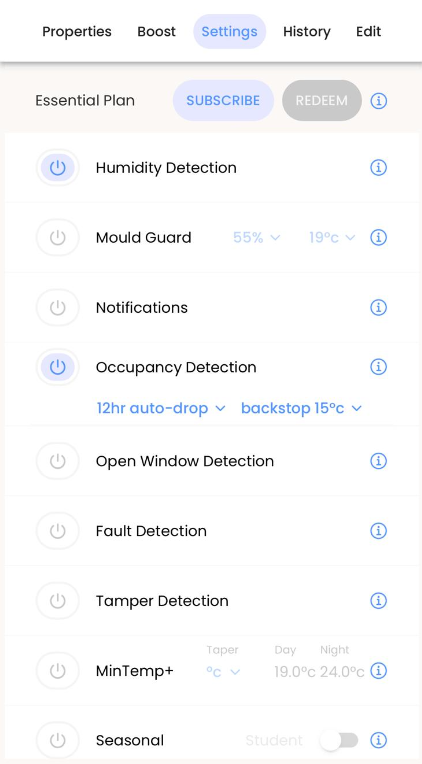 Settings screen for essential landlord subscription with various detection options on a white background