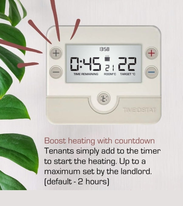 Timeostat classic HMO landlord thermostat boost countdown button - tenants simply add time to the timer to start the heating. Up to a maximum set  by the landlord.
