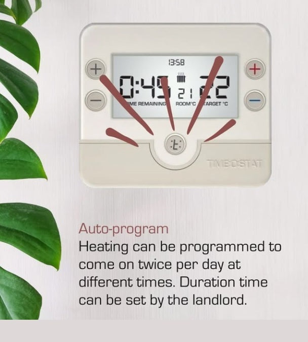 Timeostat classic HMO landlord thermostat. Auto-program heating can be programmed to come on twice per day at different times. Duration time can be set by the landlord.