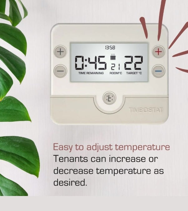Timeostat classic HMO landlord thermostat boost temperature button - Easy to adjust temperature, tenants can increase or decrease temperature as desired.