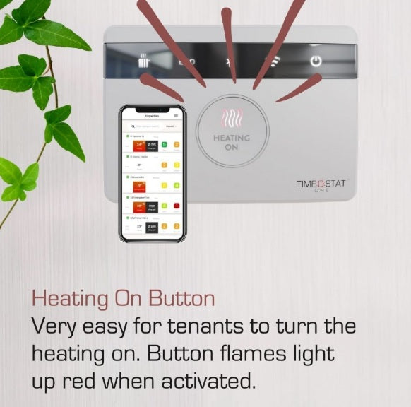 Timeostat ONE landlord thermostat with an easy to use heating button for tenants which activates with a flame light when pressed.