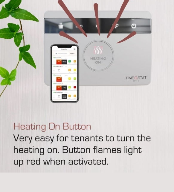 Timeostat One thermostat with smartphone app interface on a light background. Landlord thermostat with an easy to use heating button for tenants which activates with a flame light when pressed.